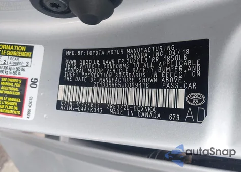 2018 Toyota Corolla Le из США, поврежденный, VIN 2T1BURHE5JC099116